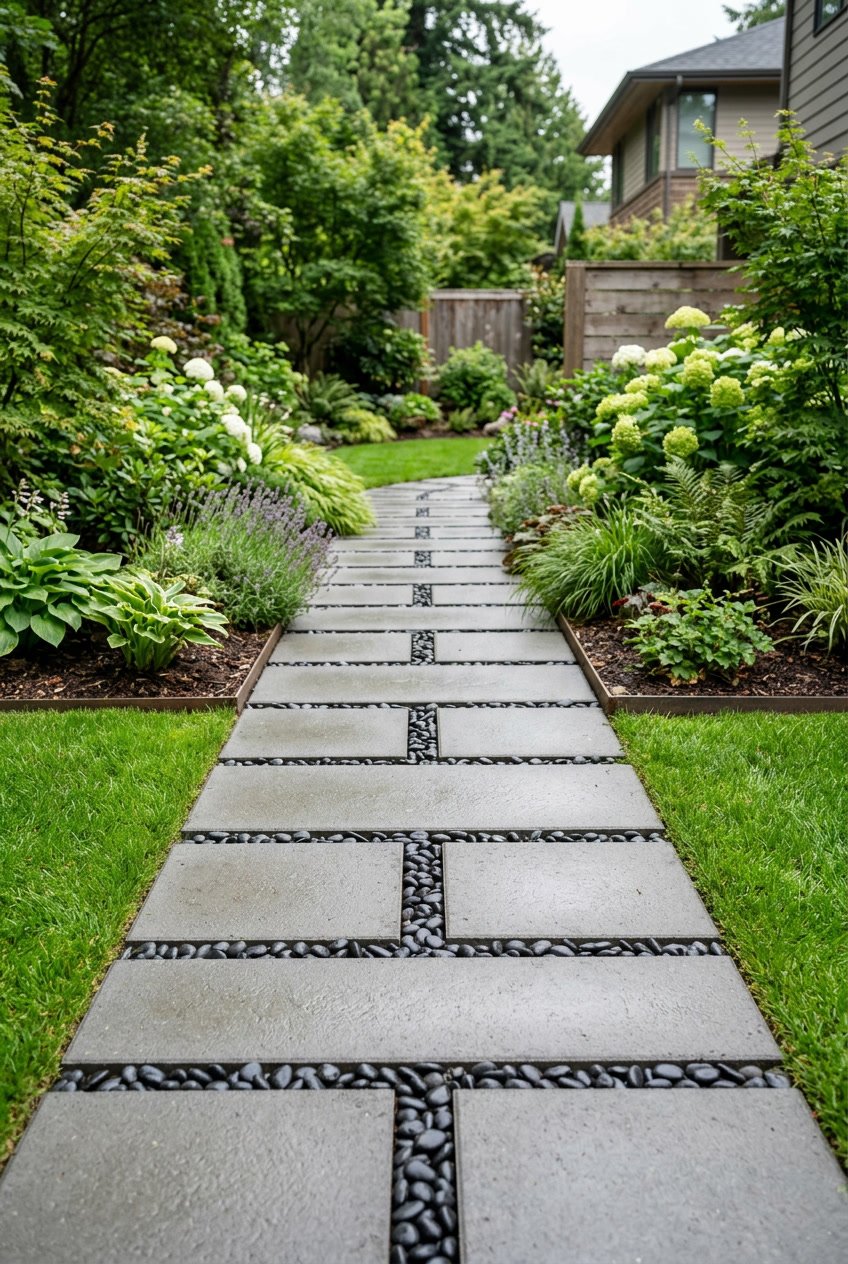 Backyard walkway with large concrete slabs separated by black pebble joints, surrounded by green grass and garden plants.