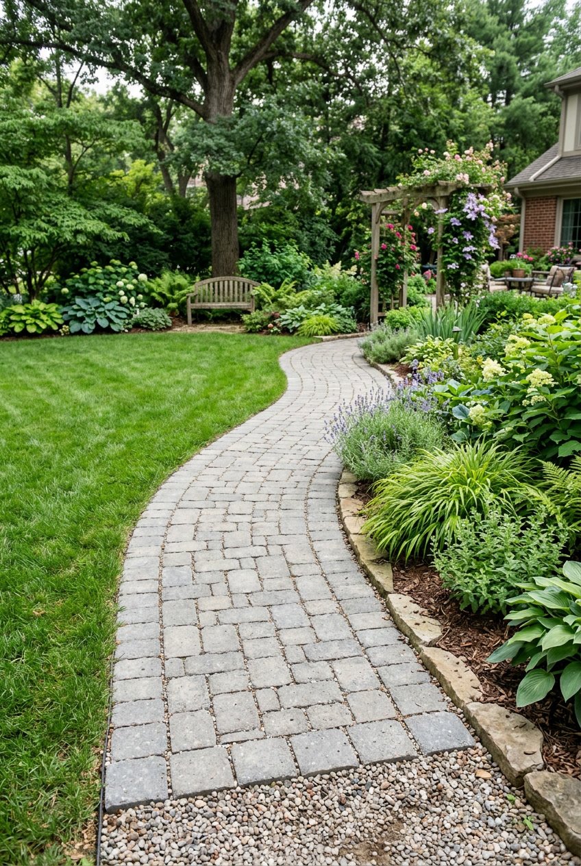 A backyard walkway made of concrete pavers over a gravel base surrounded by green grass and plants.
