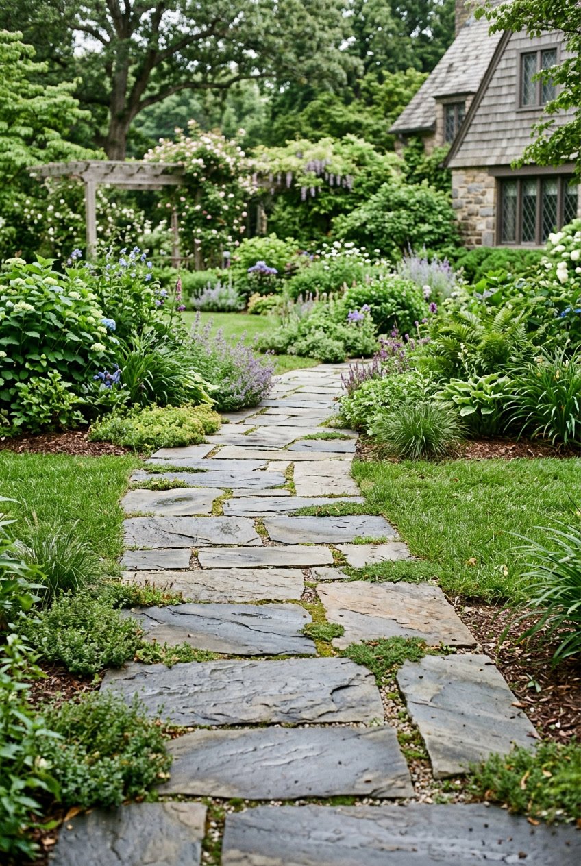 A backyard bluestone walkway with natural, irregular edges surrounded by green grass and plants.