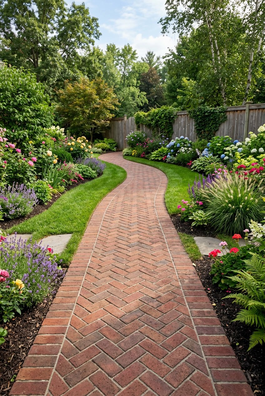 A backyard walkway made of red bricks in a herringbone pattern with a straight brick border, surrounded by grass and garden plants.