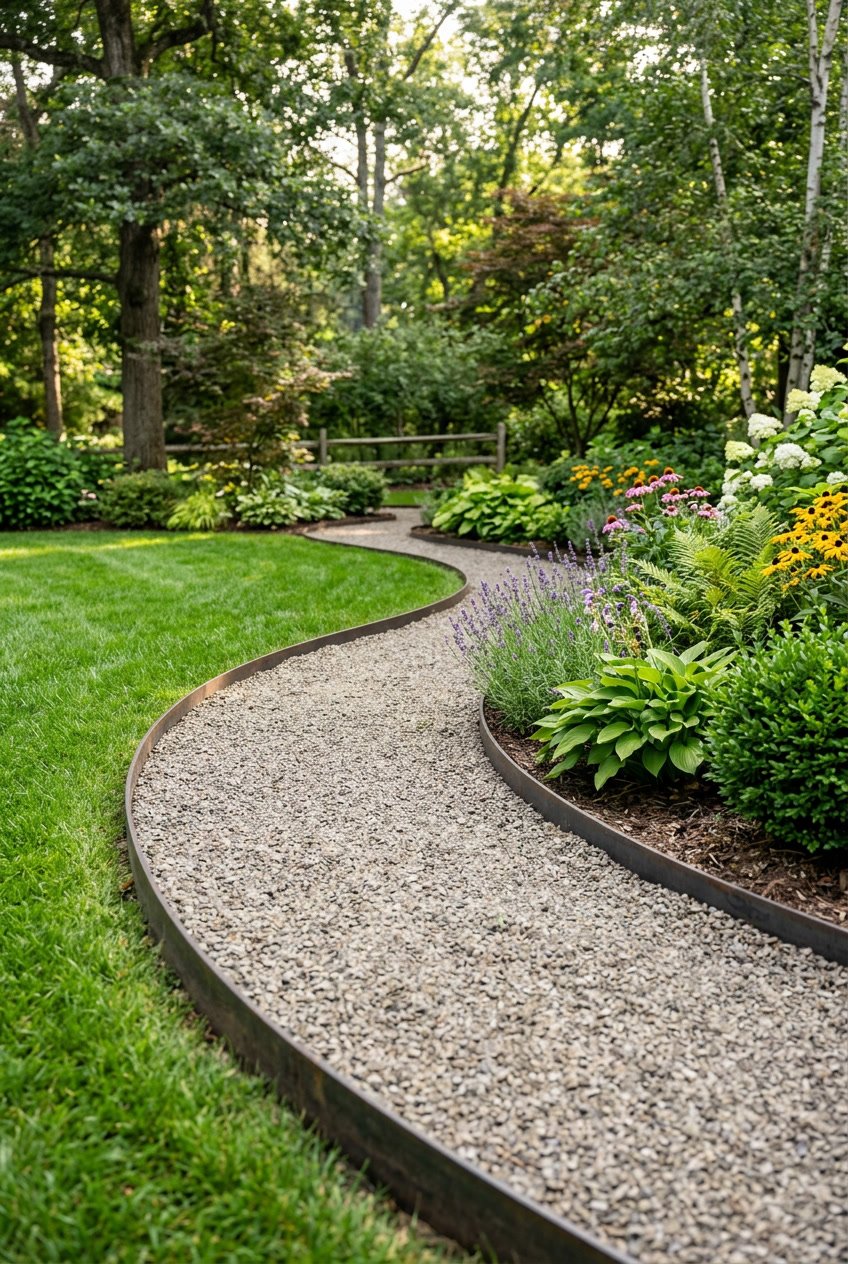 A backyard walkway made of crushed granite with steel edging surrounded by grass and plants.