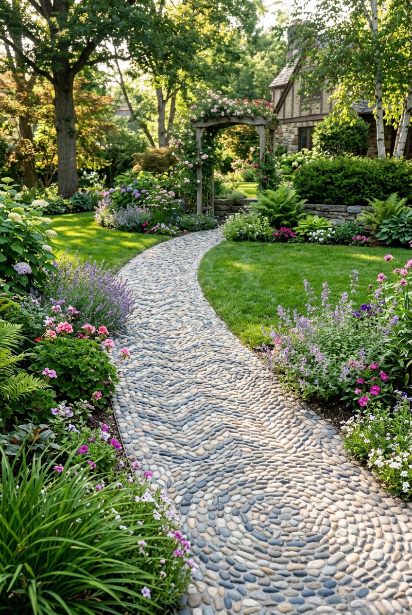 A backyard walkway made of mosaic river pebbles arranged in a geometric pattern, surrounded by grass and plants.