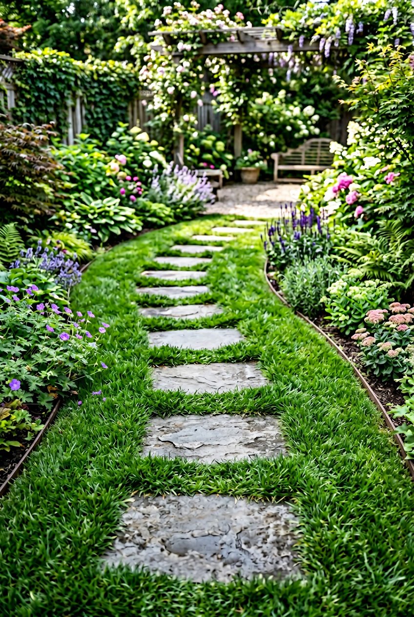 A backyard walkway with stepping stones surrounded by dense green dwarf mondo grass.