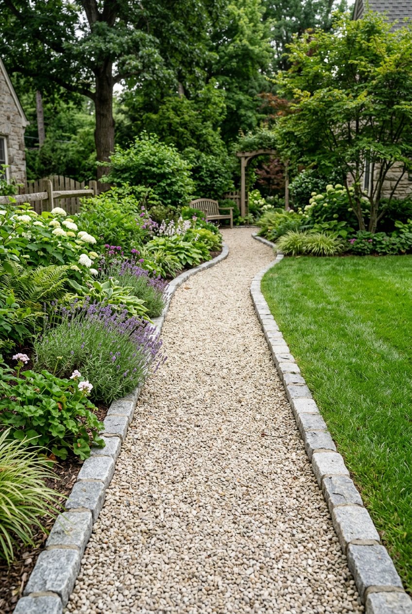 A backyard walkway made of gravel with stone blocks edging the path, surrounded by green grass and plants.