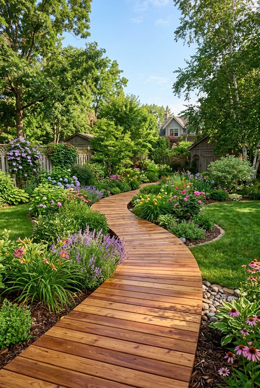 A wooden boardwalk path made of cedar deck boards curves through a green backyard garden with plants and trees.