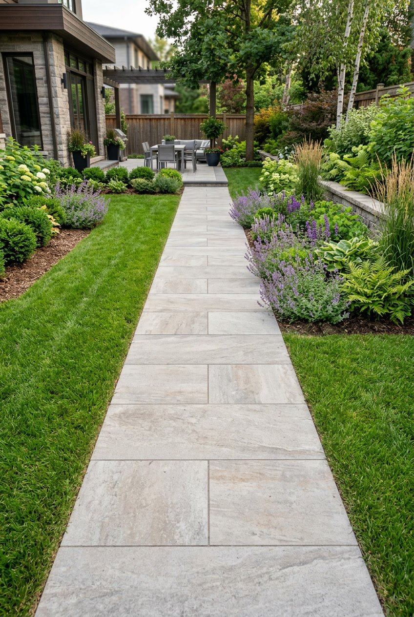 A straight porcelain paver walkway runs through a backyard with green grass and small plants on the sides.