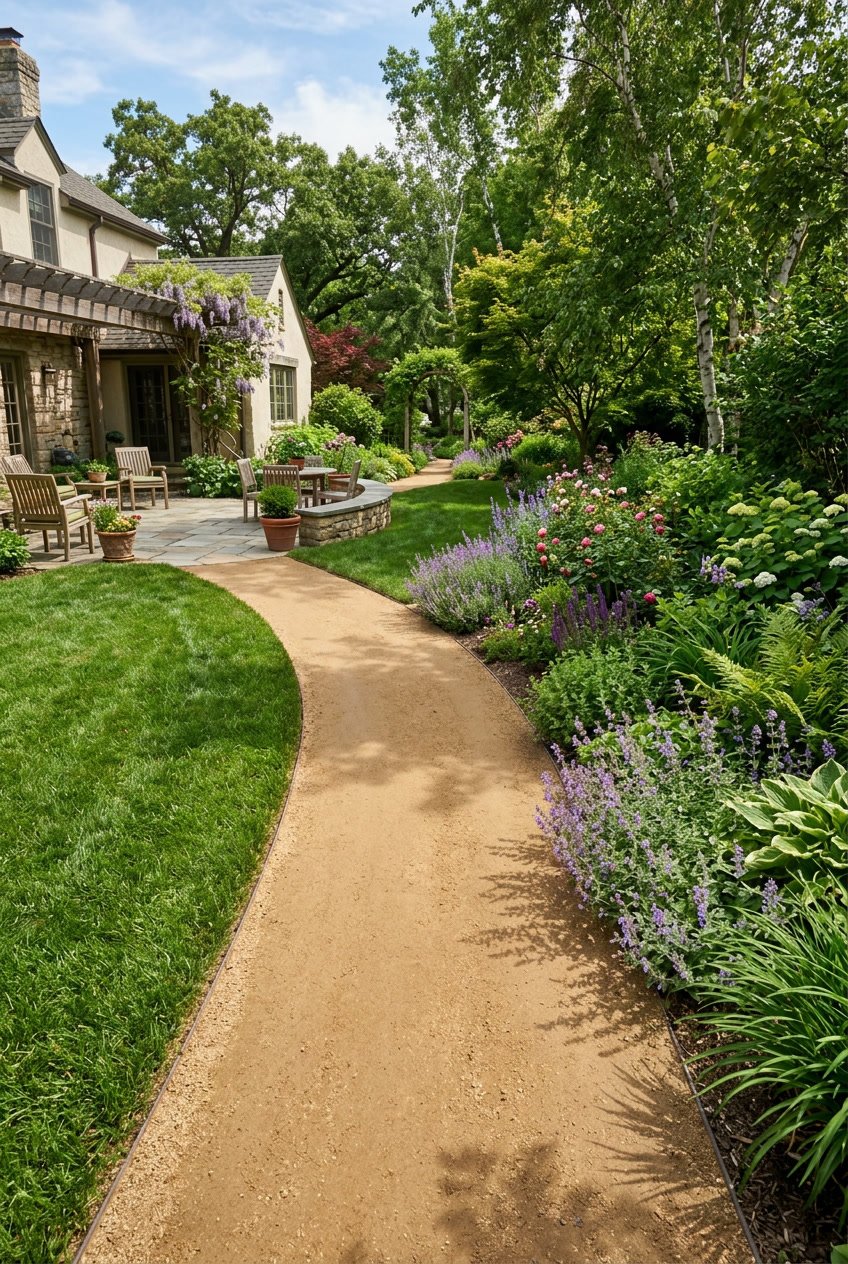 A backyard walkway made of stabilized decomposed granite winding through green grass and garden plants.