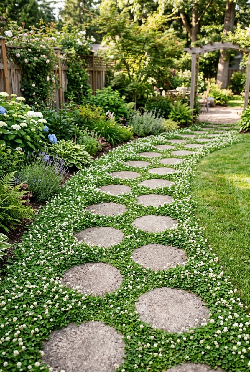 Round concrete stepping stones forming a walkway through a dense patch of white clover in a backyard.
