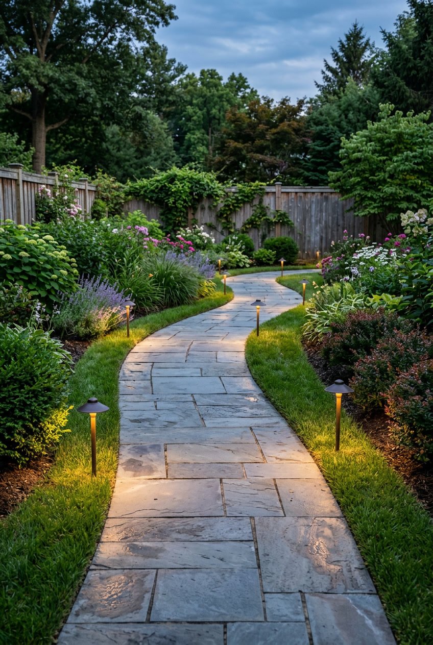 A backyard walkway made of slate tiles with low voltage LED lights along the edges, surrounded by grass and plants.