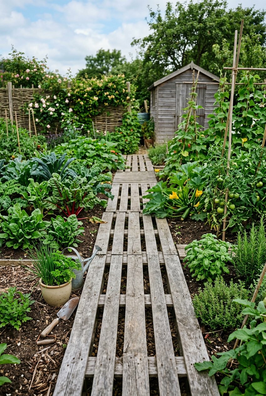 A wooden pallet walkway leading through a vegetable garden with green plants and soil beds on both sides.