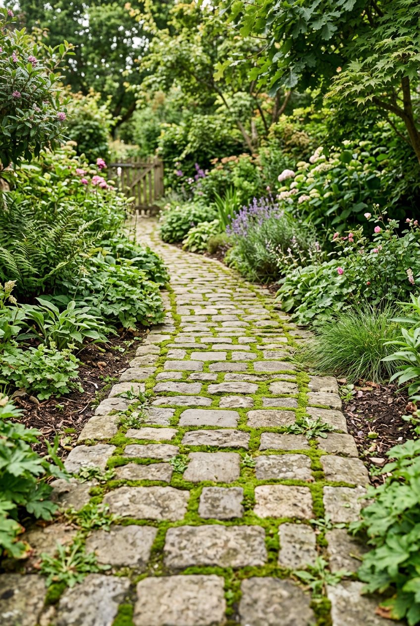 A cobblestone path with green moss growing between the stones, surrounded by plants and grass in a backyard garden.