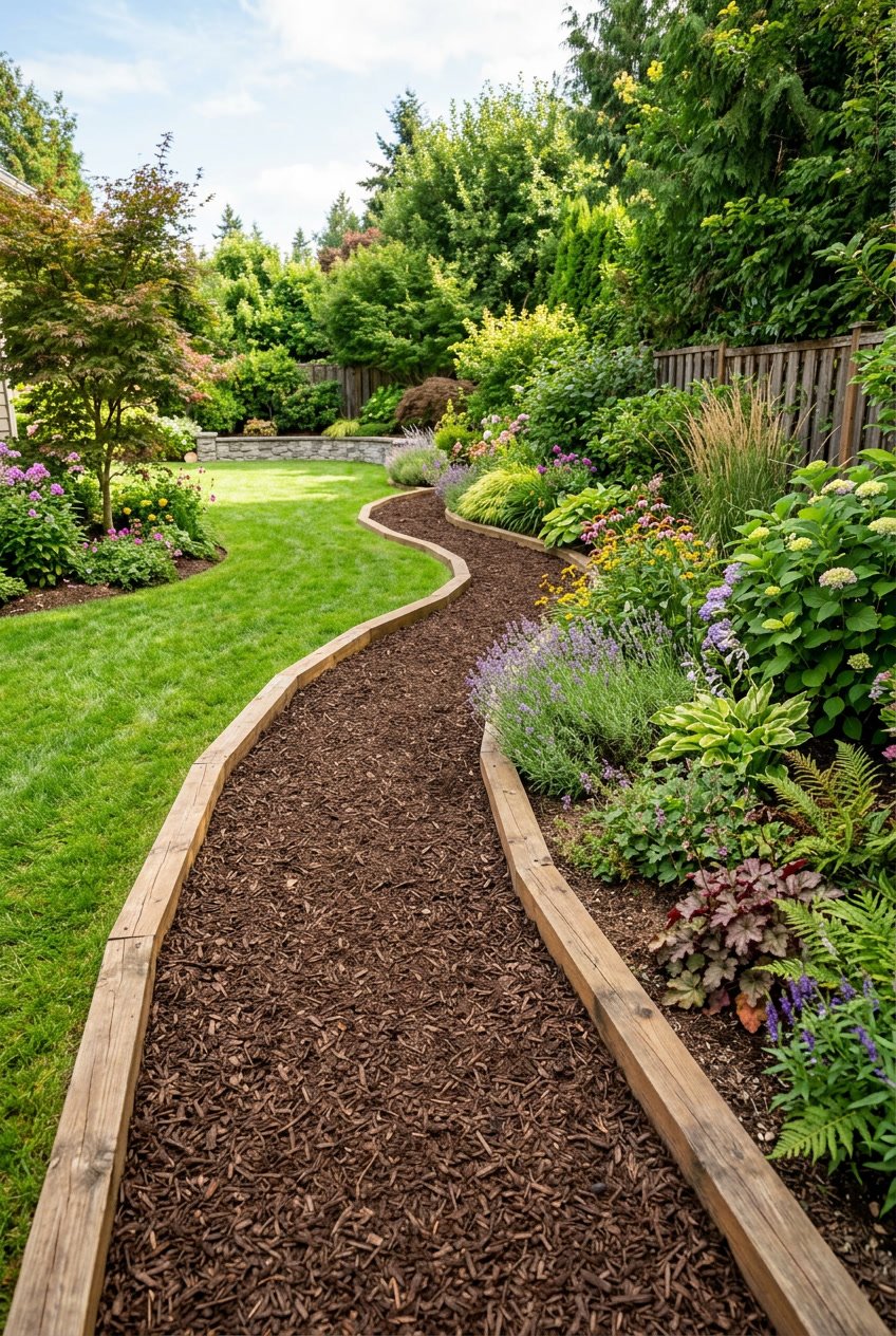 A mulch path in a backyard framed with pressure-treated timber, surrounded by green grass and garden plants.