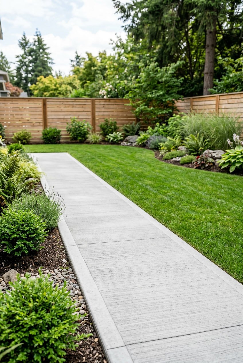 A backyard walkway made of textured concrete with clean lines, bordered by green grass and small plants.
