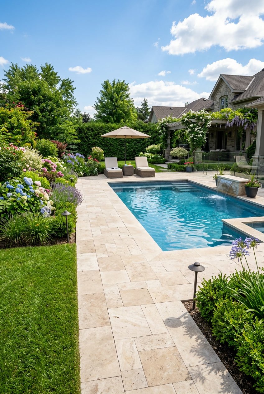 Backyard pool with a travertine stone walkway surrounded by green lawn and garden plants.