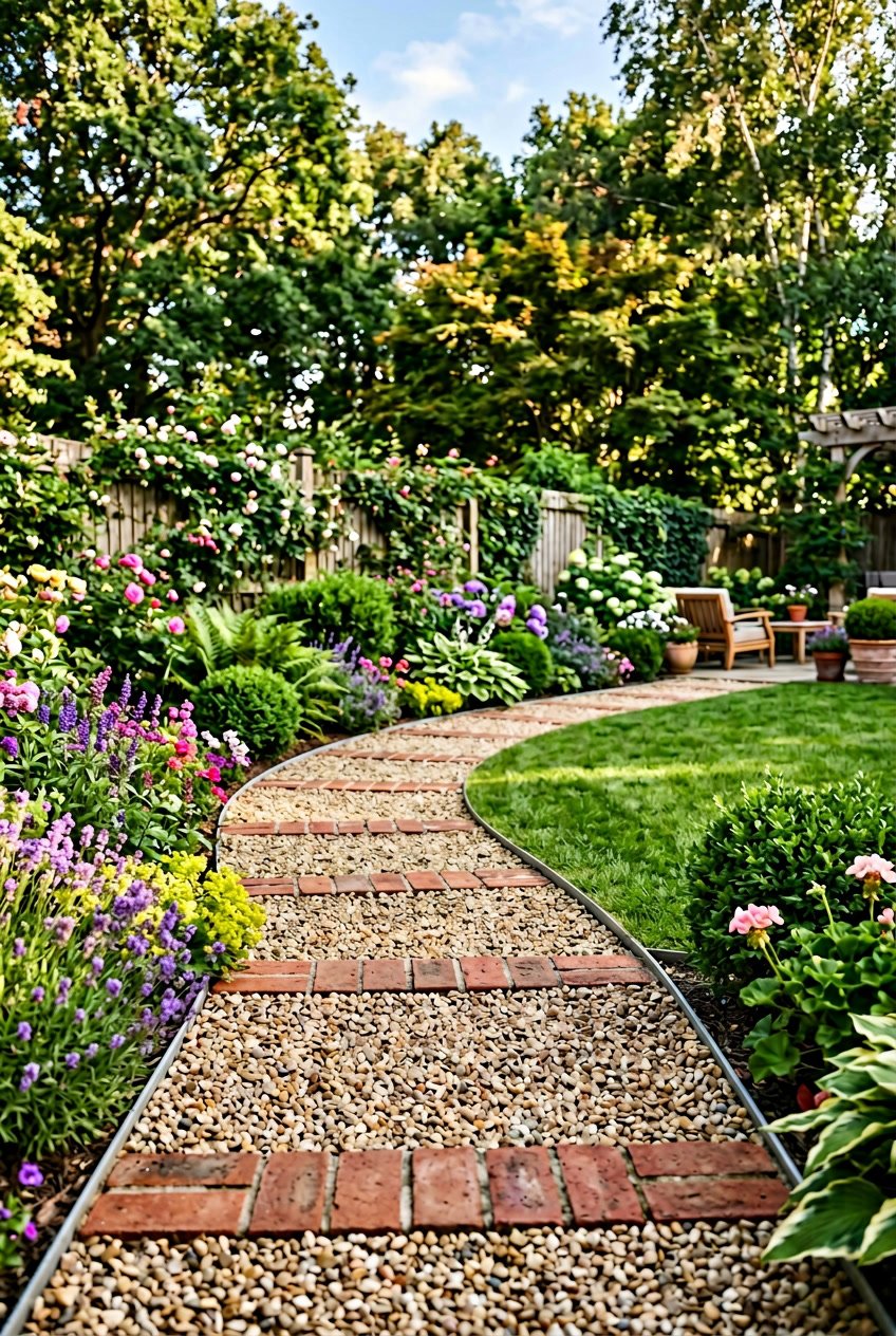 A backyard walkway made of brick and pea gravel ribbons winding through a garden with green grass, flowers, and shrubs.