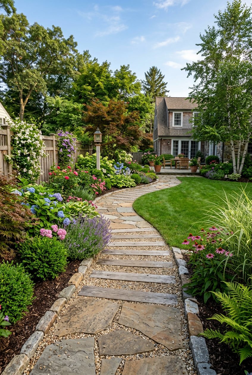A backyard walkway made of stone pavers winding through green grass and flowering plants under a clear sky.