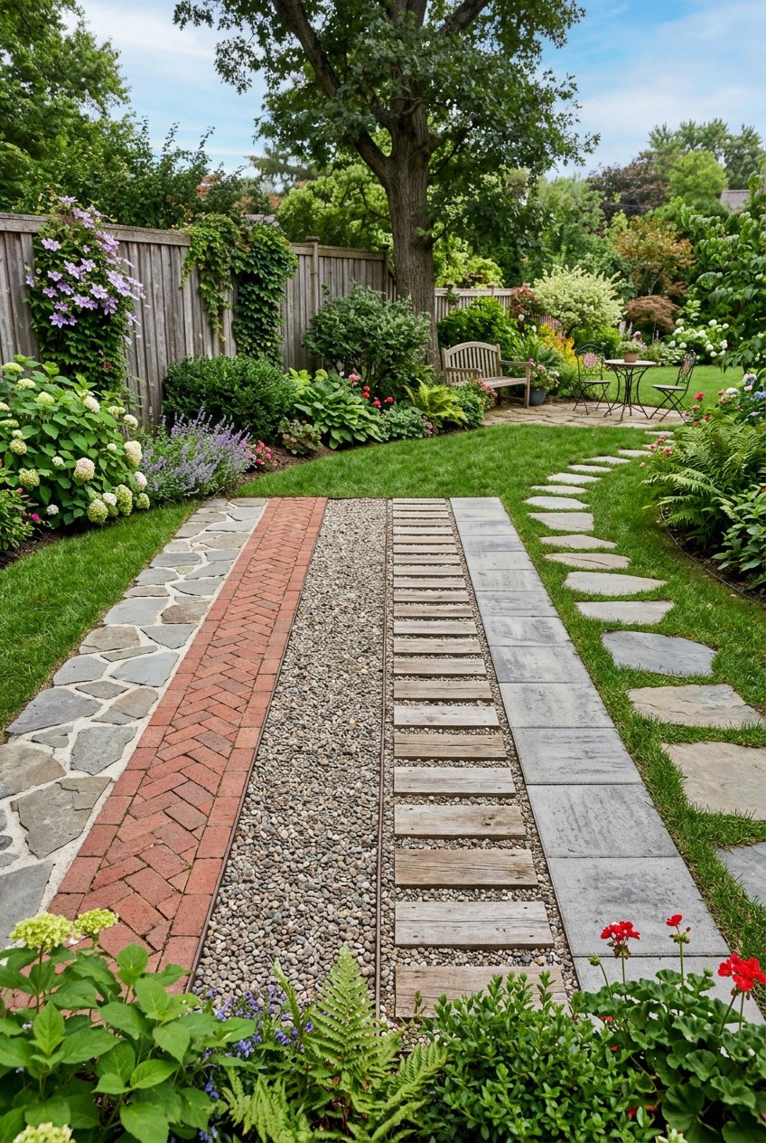 Multiple backyard walkways made from different materials including stone, brick, gravel, wood, and concrete, surrounded by grass and plants.
