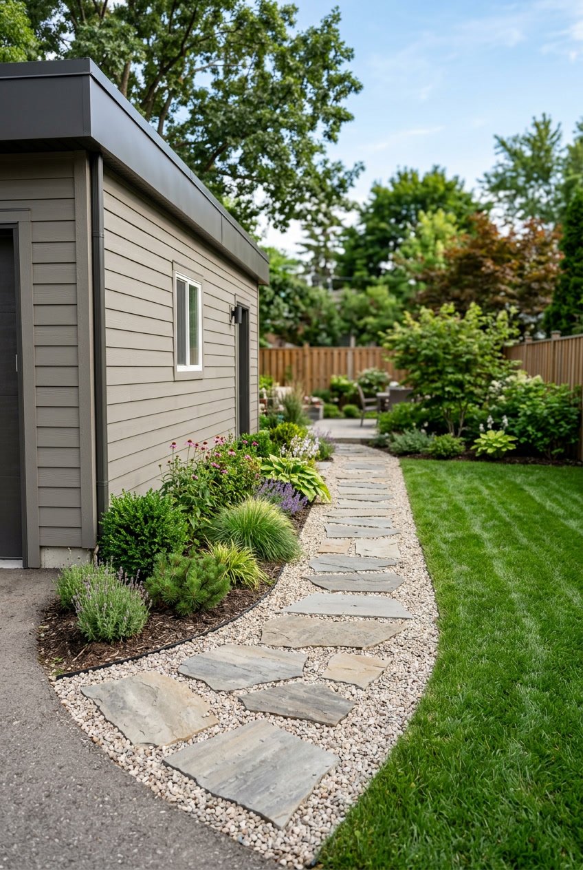A backyard side path made of stepping stones set in pea gravel running alongside a garage with grass and plants nearby.