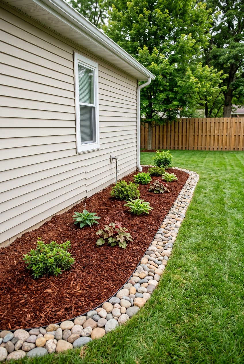 Side of a garage backyard with a foundation strip covered in cedar mulch and bordered by river rocks.