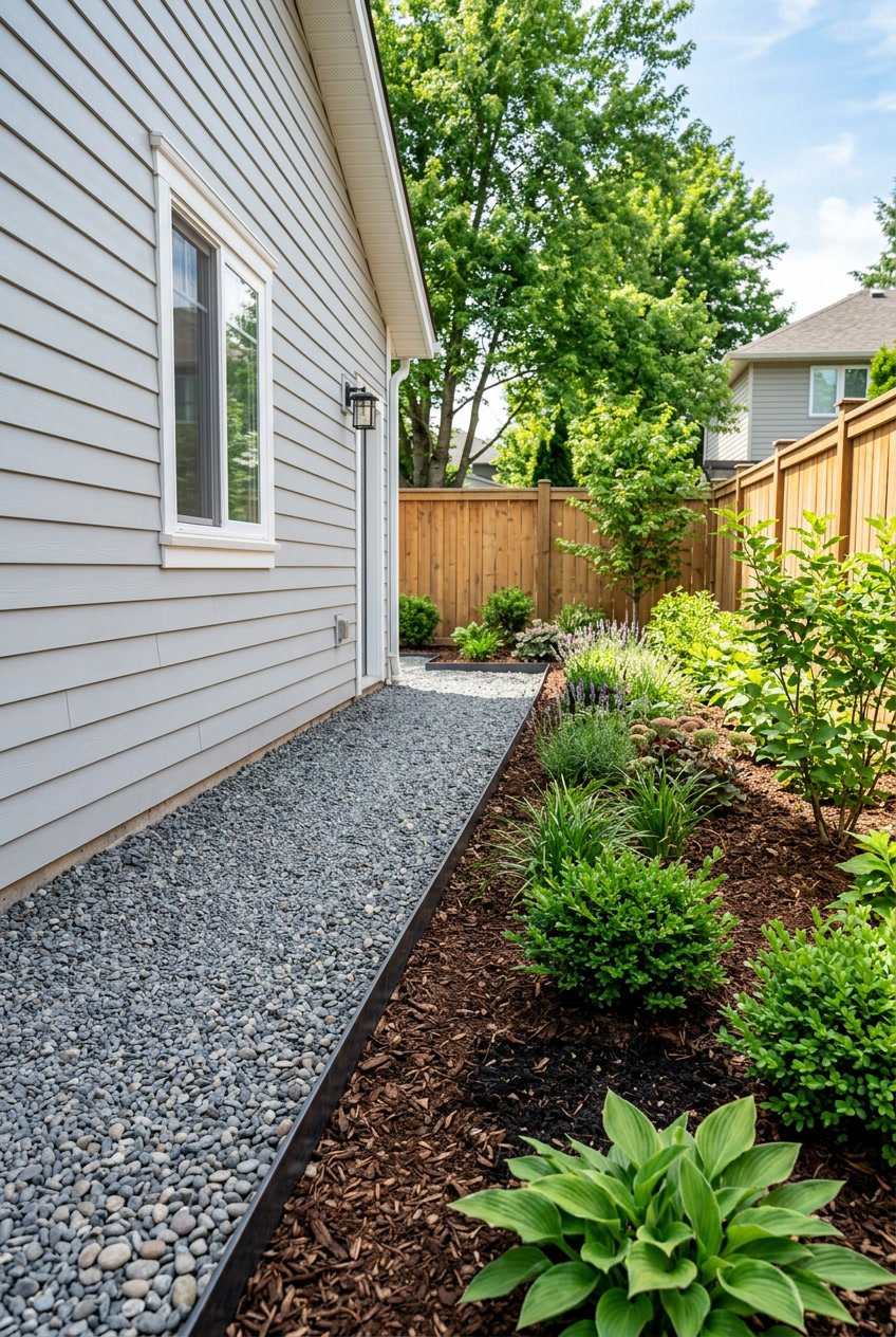 Backyard side of a garage with metal landscape edging separating gravel, mulch, and soil in a tidy garden area.