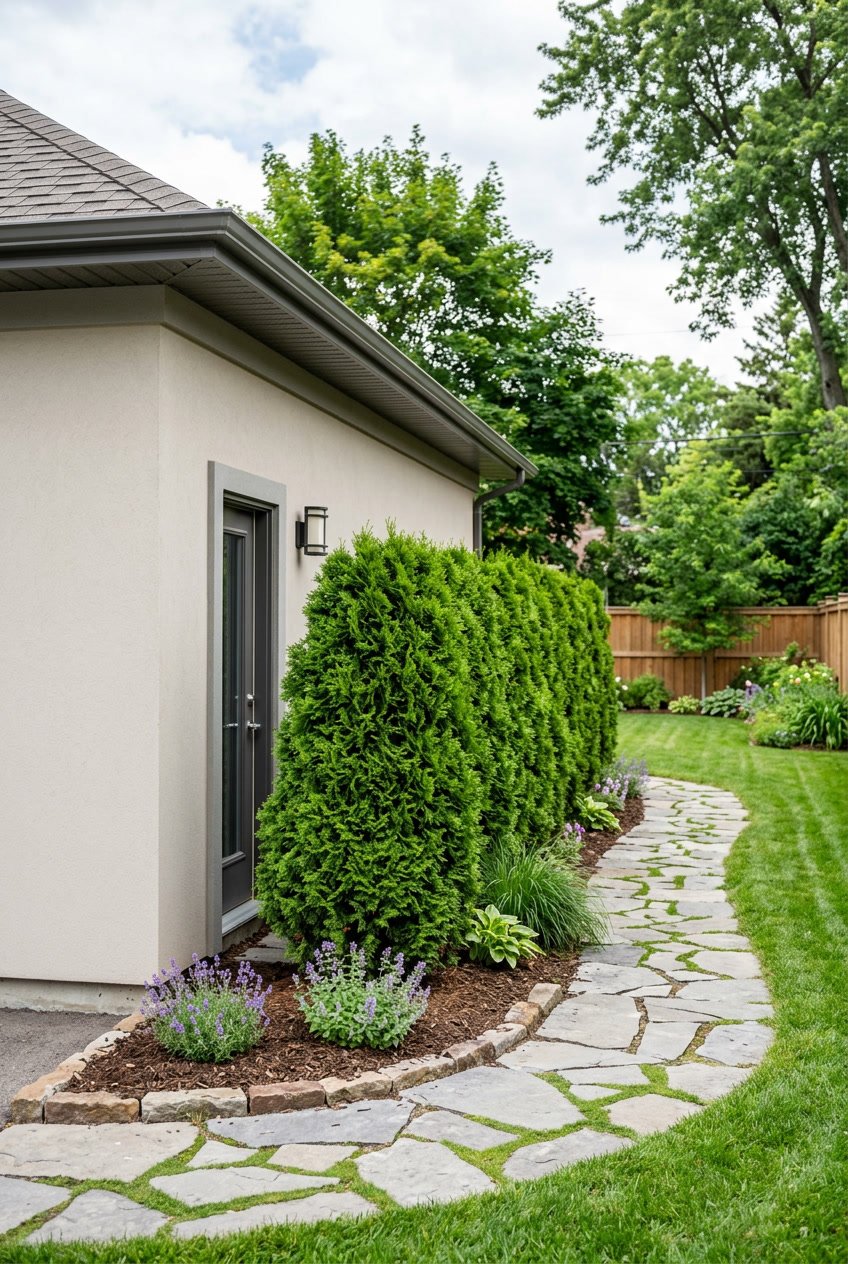 A row of green arborvitae bushes planted along the side wall of a garage in a backyard with grass and a stone pathway.