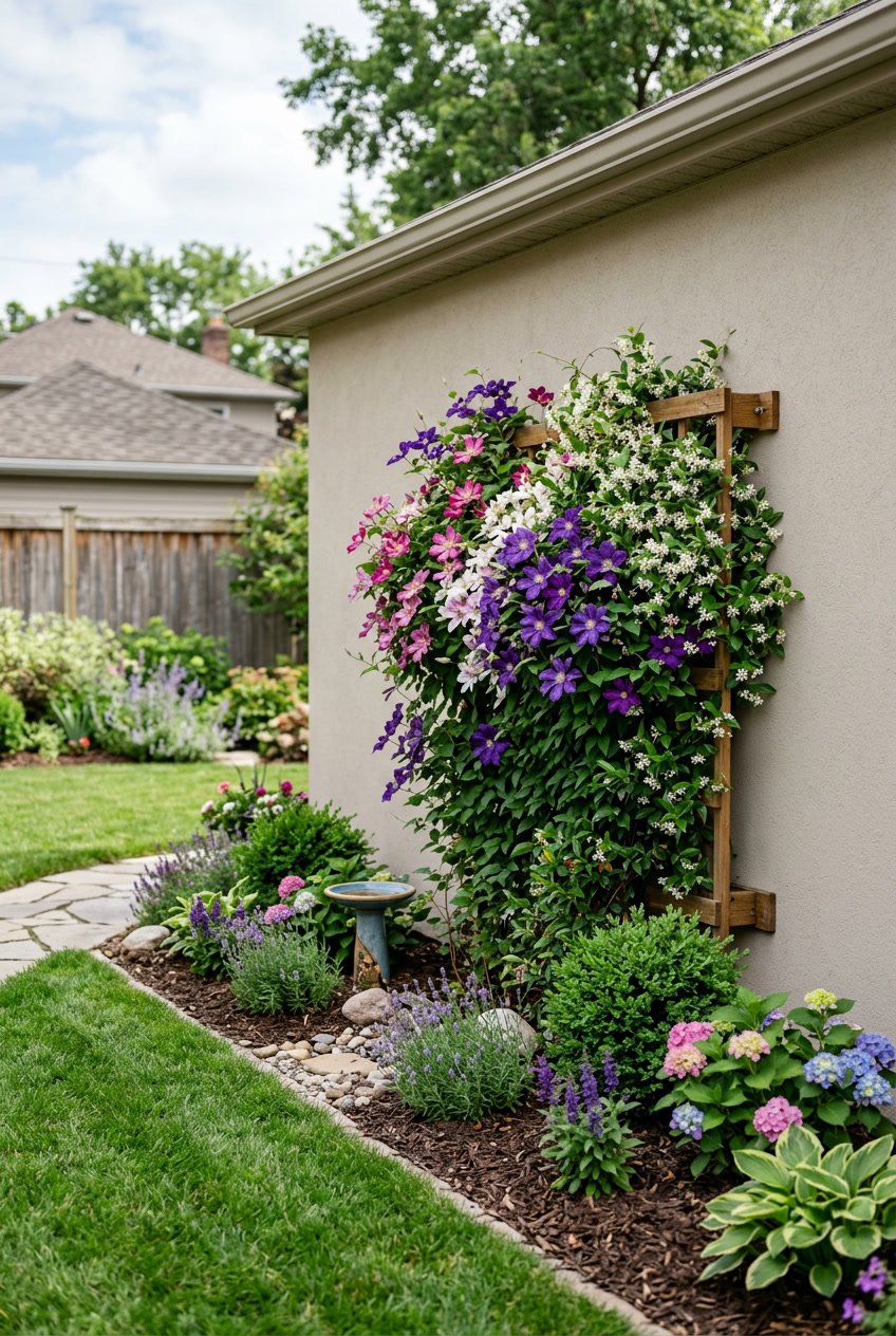 A flowering trellis with clematis or star jasmine vines against the blank side wall of a garage in a backyard garden.