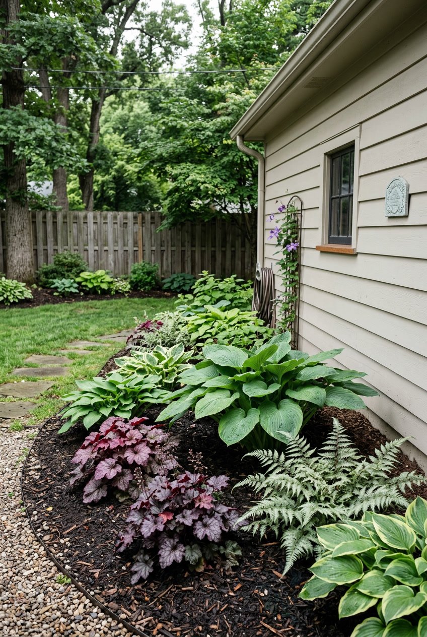 A shaded garden beside a garage with green hostas, colorful heuchera, and silver-green Japanese painted ferns.