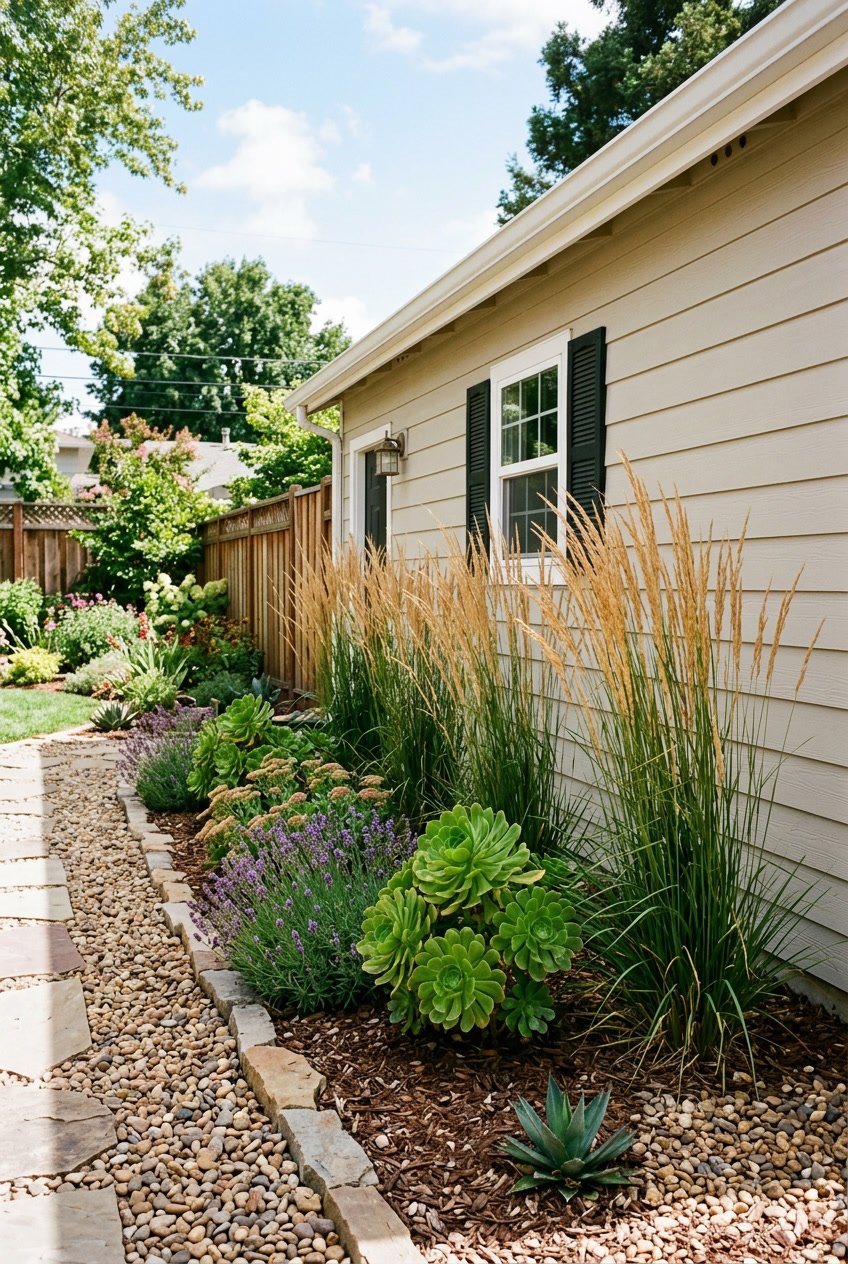 A backyard side yard with drought-tolerant plants including tall feather reed grass and green succulent rosettes next to a garage wall.