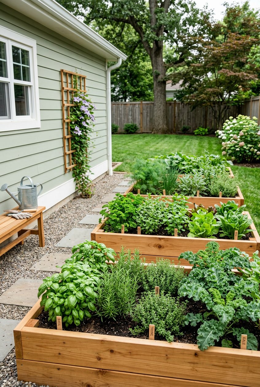 Backyard with raised cedar garden beds filled with herbs and leafy greens next to the side of a garage.