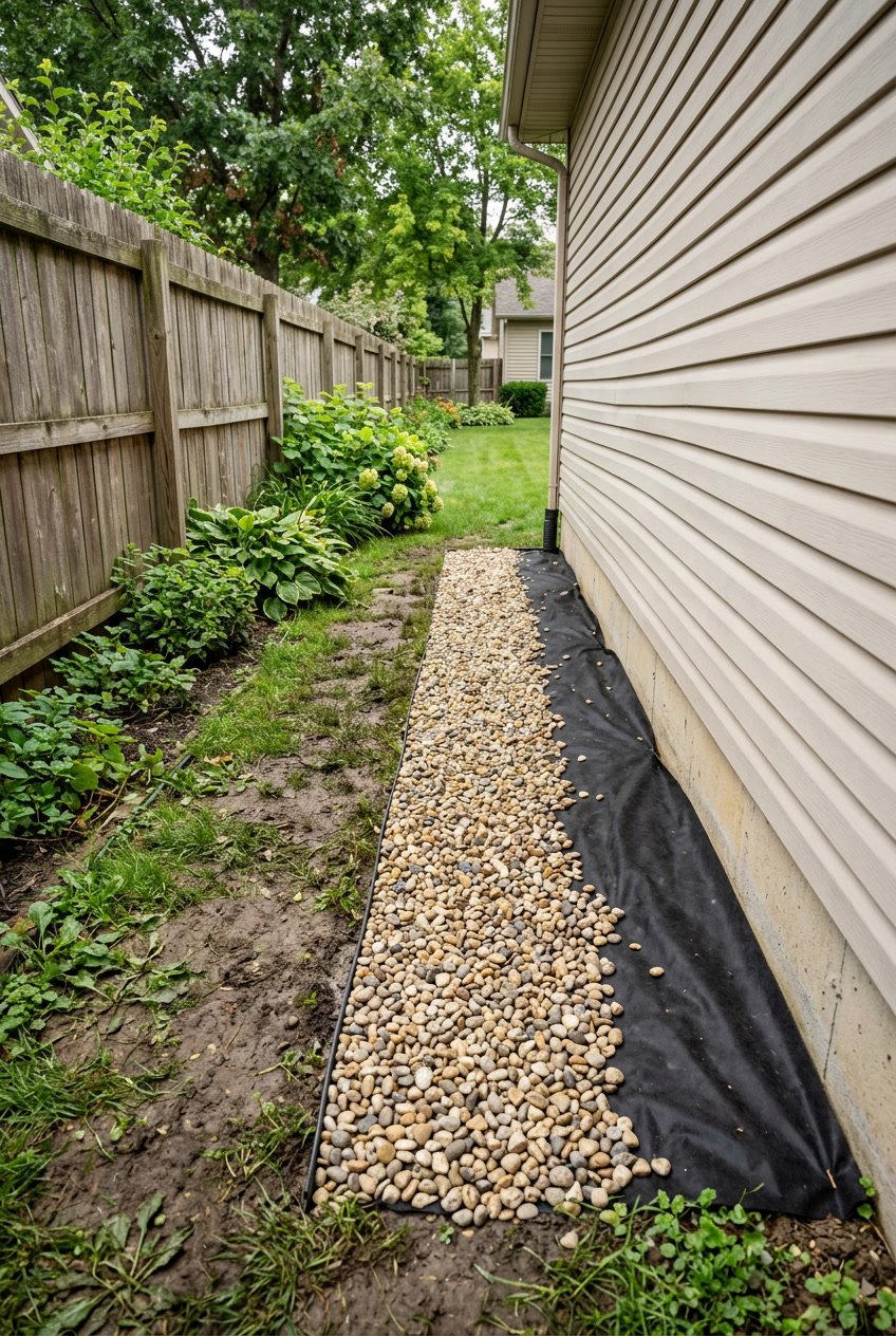 A backyard side yard next to a garage with a decorative gravel drainage run over weed barrier fabric, surrounded by muddy soil and plants.