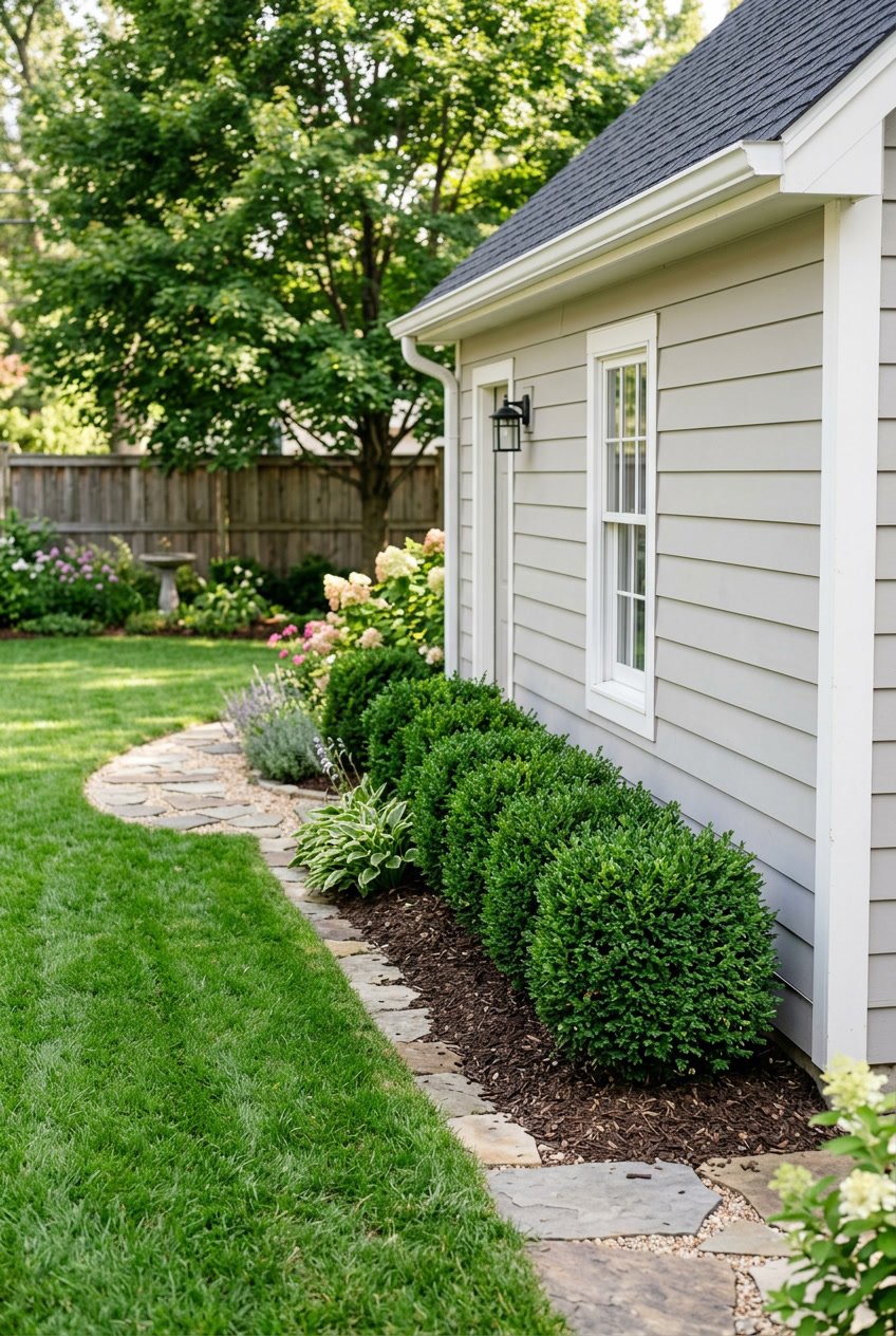 Side of a garage with neatly planted boxwood shrubs along the wall in a backyard garden setting.