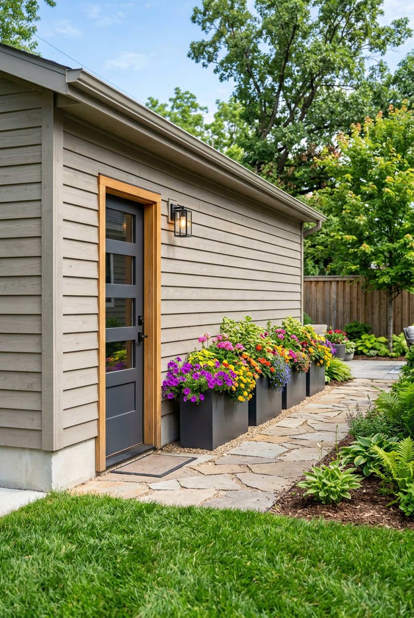 Side of a garage with slim planters filled with colorful flowers beside the entry door in a backyard.