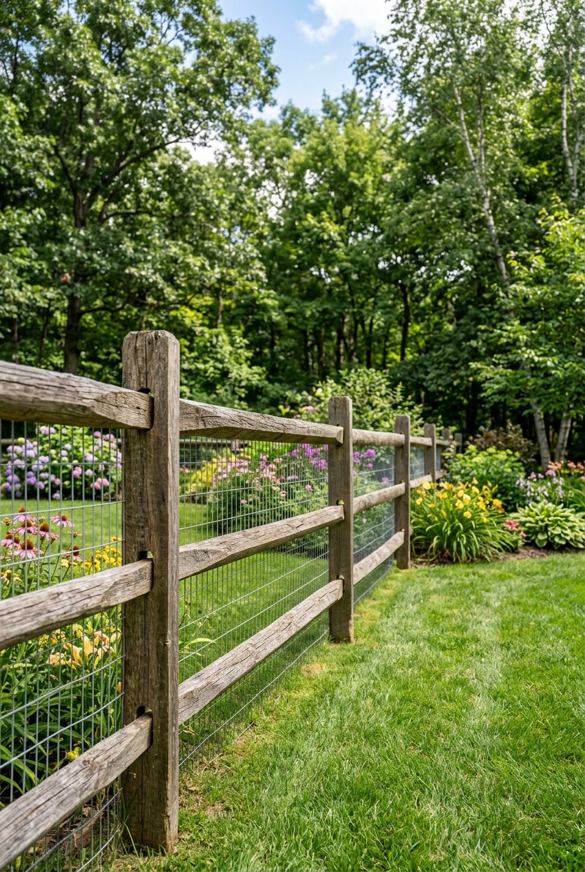 A backyard with a wooden split rail fence reinforced with galvanized wire mesh surrounded by green grass and trees.