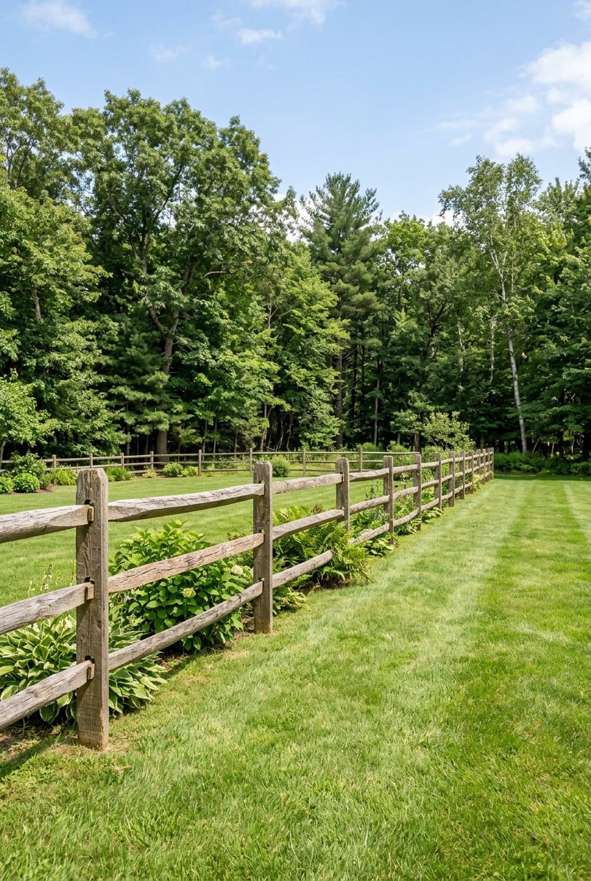 A large backyard with a three-rail wooden split rail fence running across a green lawn surrounded by trees.