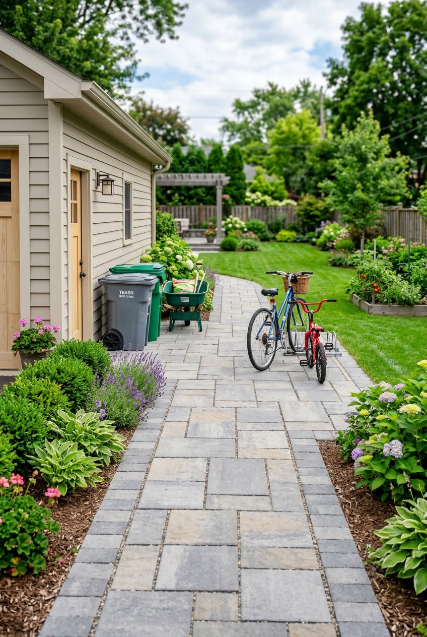 A wide stone paver path beside a garage in a backyard, with trash cans, bikes, and wheelbarrows space, surrounded by green plants and lawn.