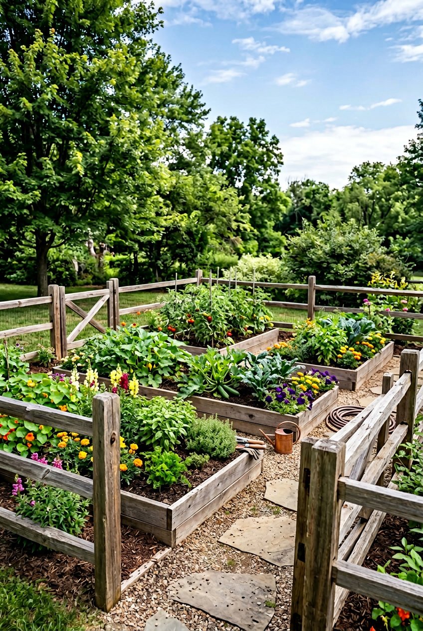 Backyard garden with wooden split rail fence surrounding raised beds filled with plants and flowers.