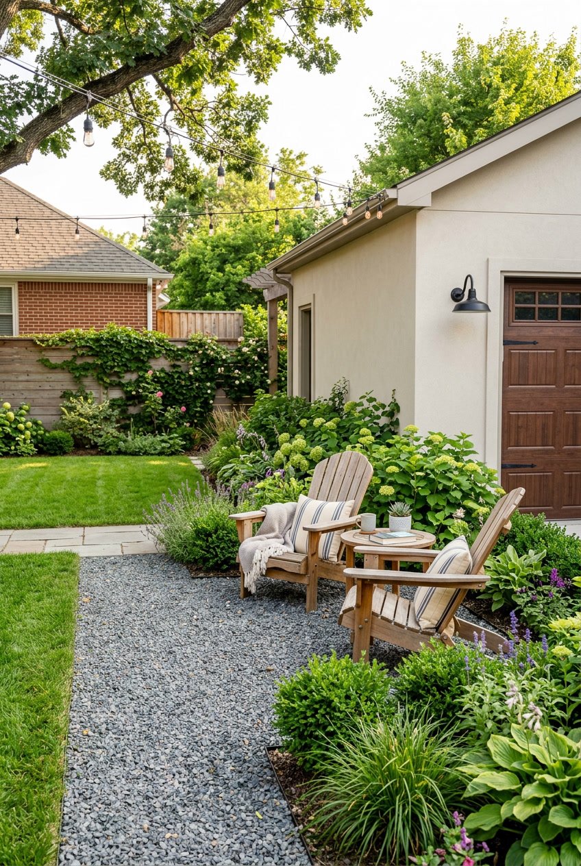 A side yard next to a garage with a gravel pad and two Adirondack chairs surrounded by grass and plants.