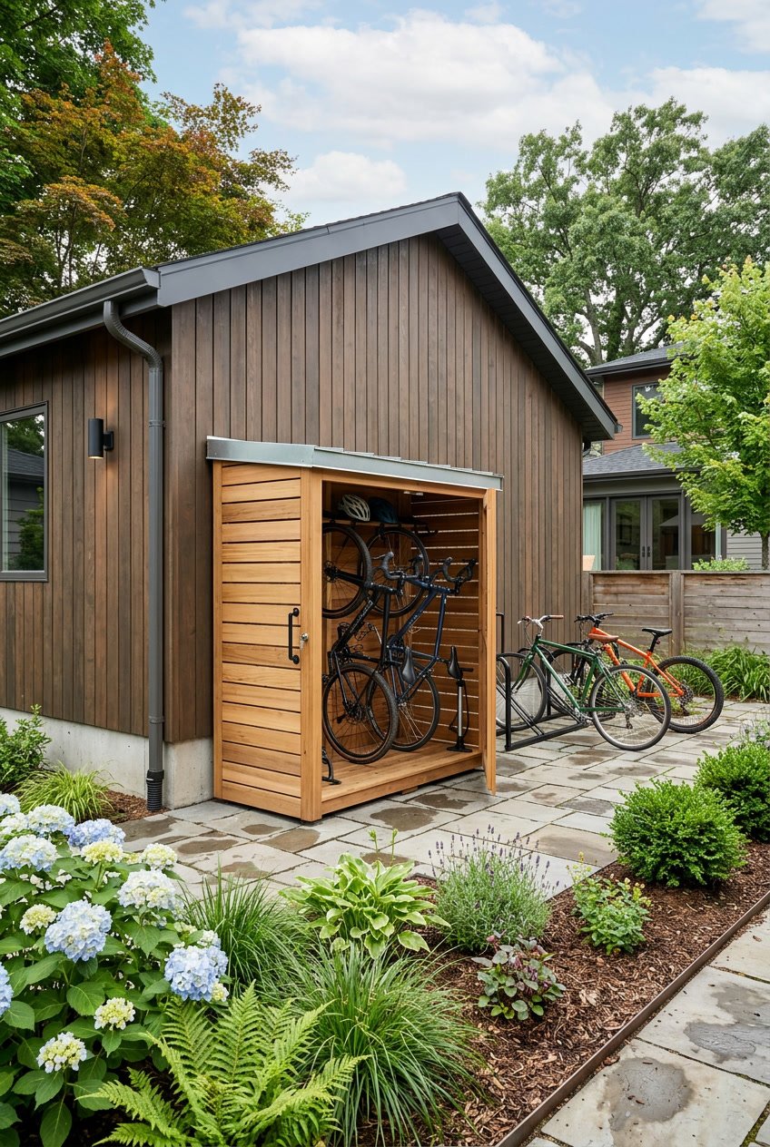 A bike rack or slim storage shed placed beside a garage in a backyard, surrounded by plants and landscaping.