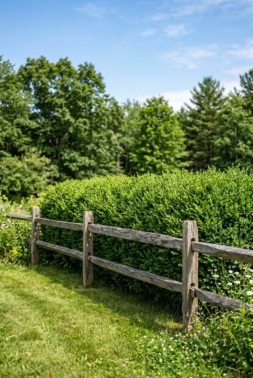 A backyard with a wooden split rail fence in front of a dense green boxwood hedge and a grassy lawn.