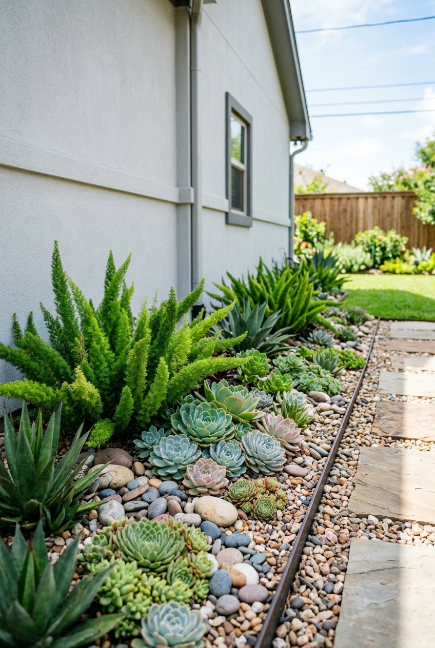 A narrow garden bed beside a garage filled with succulents, foxtail ferns, and decorative rocks in a sunny backyard.