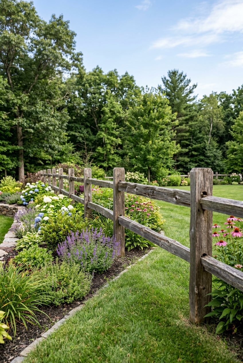 A weathered wooden split rail fence in a green backyard with plants and trees under a blue sky.