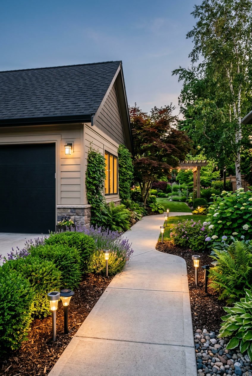 A backyard scene showing solar path lights glowing along a pathway beside a garage, surrounded by green plants and landscaping.