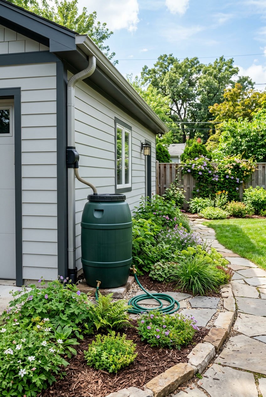 Rain barrel next to a garage surrounded by native groundcover plants in a backyard garden.