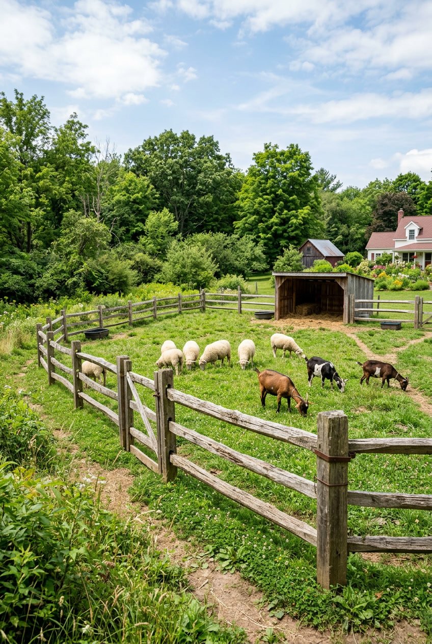 A backyard hobby farm with a wooden split rail fence enclosing grazing sheep under a clear blue sky.