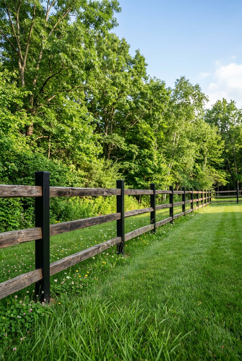 Backyard with a split rail wooden fence supported by black metal posts, green grass, trees, and a clear sky.