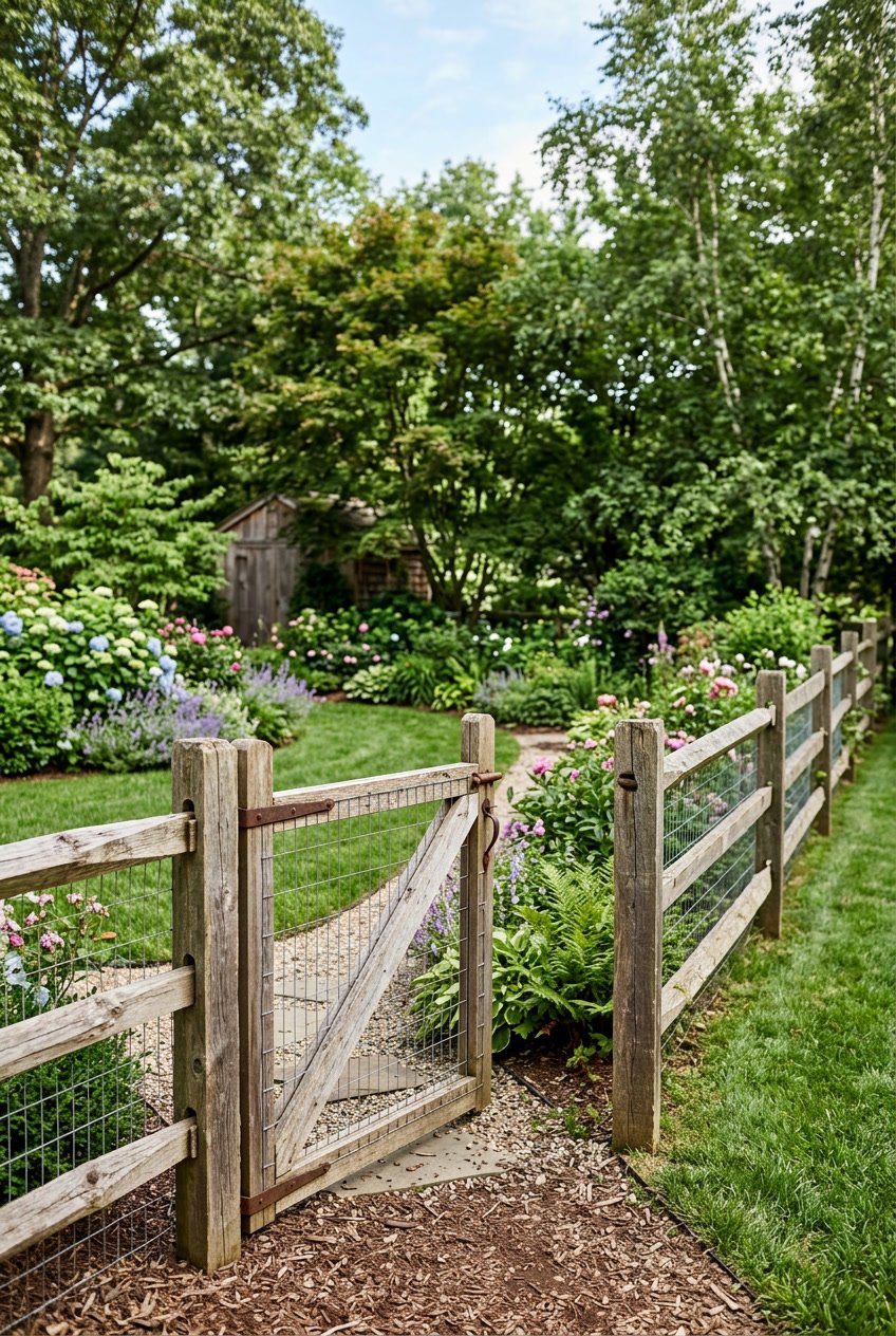 A backyard with a corner gate made of split rail wooden fence and wire mesh, surrounded by green grass and plants.