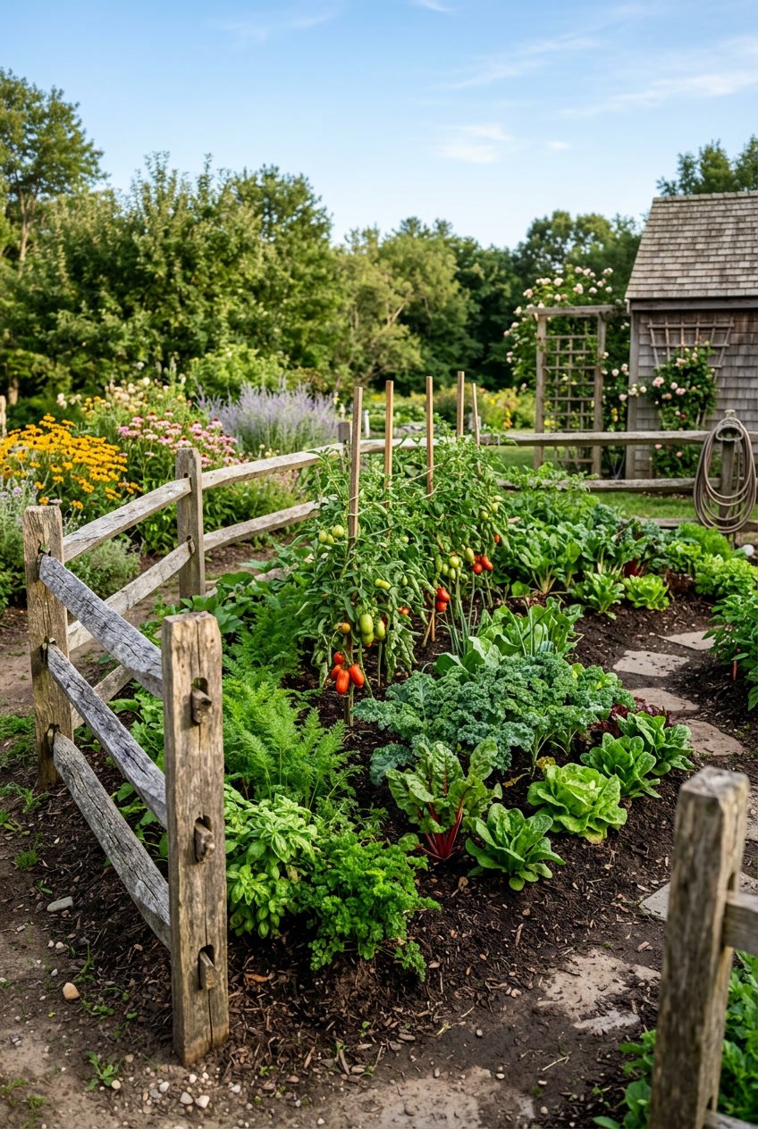 A vegetable garden surrounded by a wooden split rail fence in a backyard under clear sky.