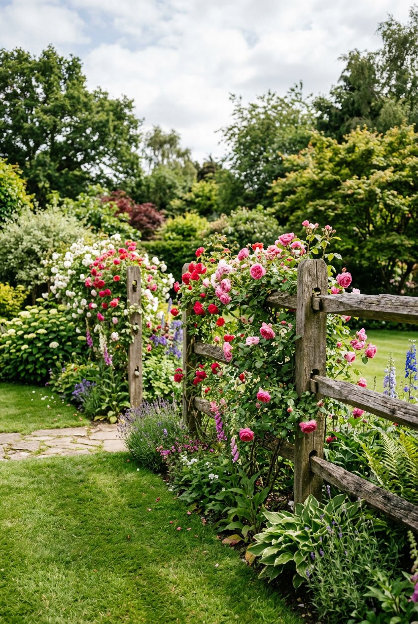 A backyard with a wooden split rail fence covered in blooming climbing roses surrounded by green grass and garden plants.