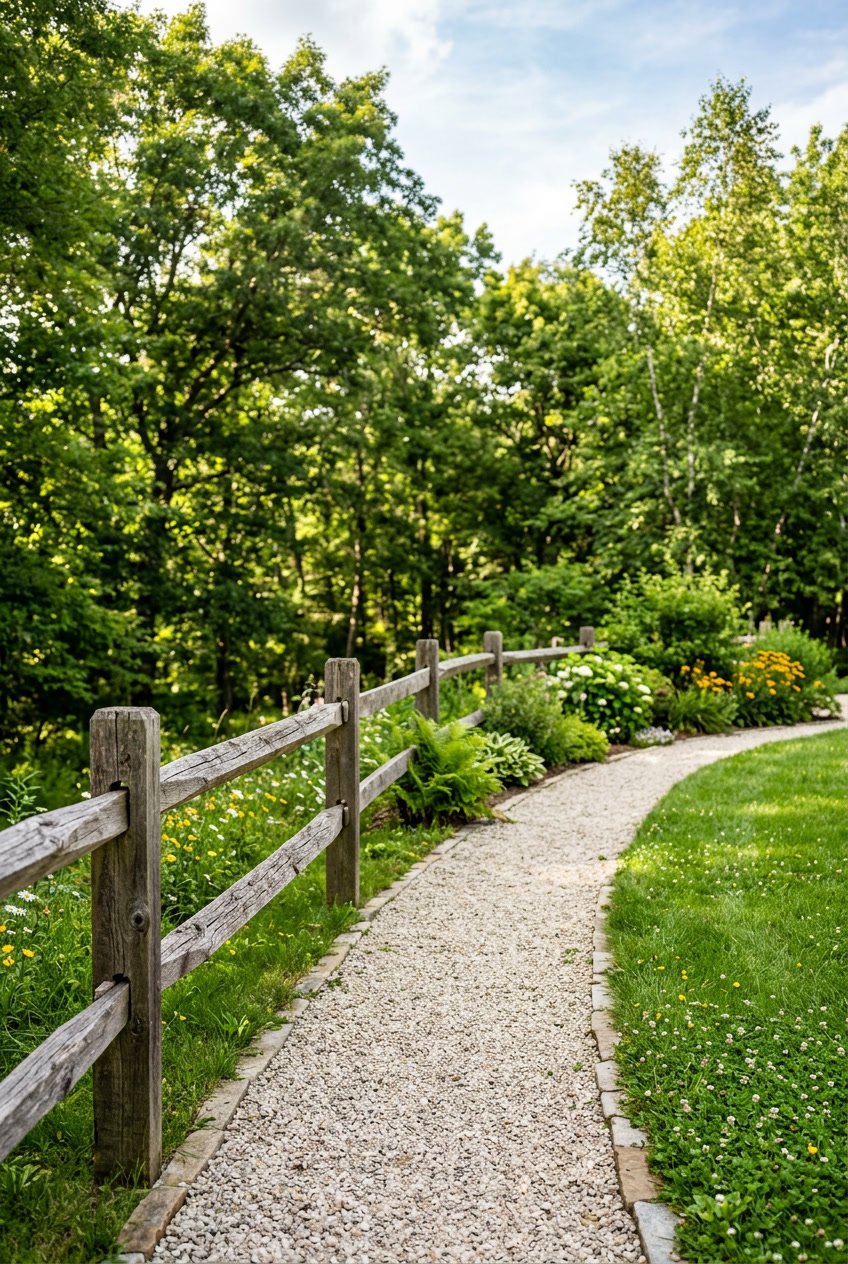 A wooden split rail fence alongside a curved gravel path in a green backyard with trees in the background.
