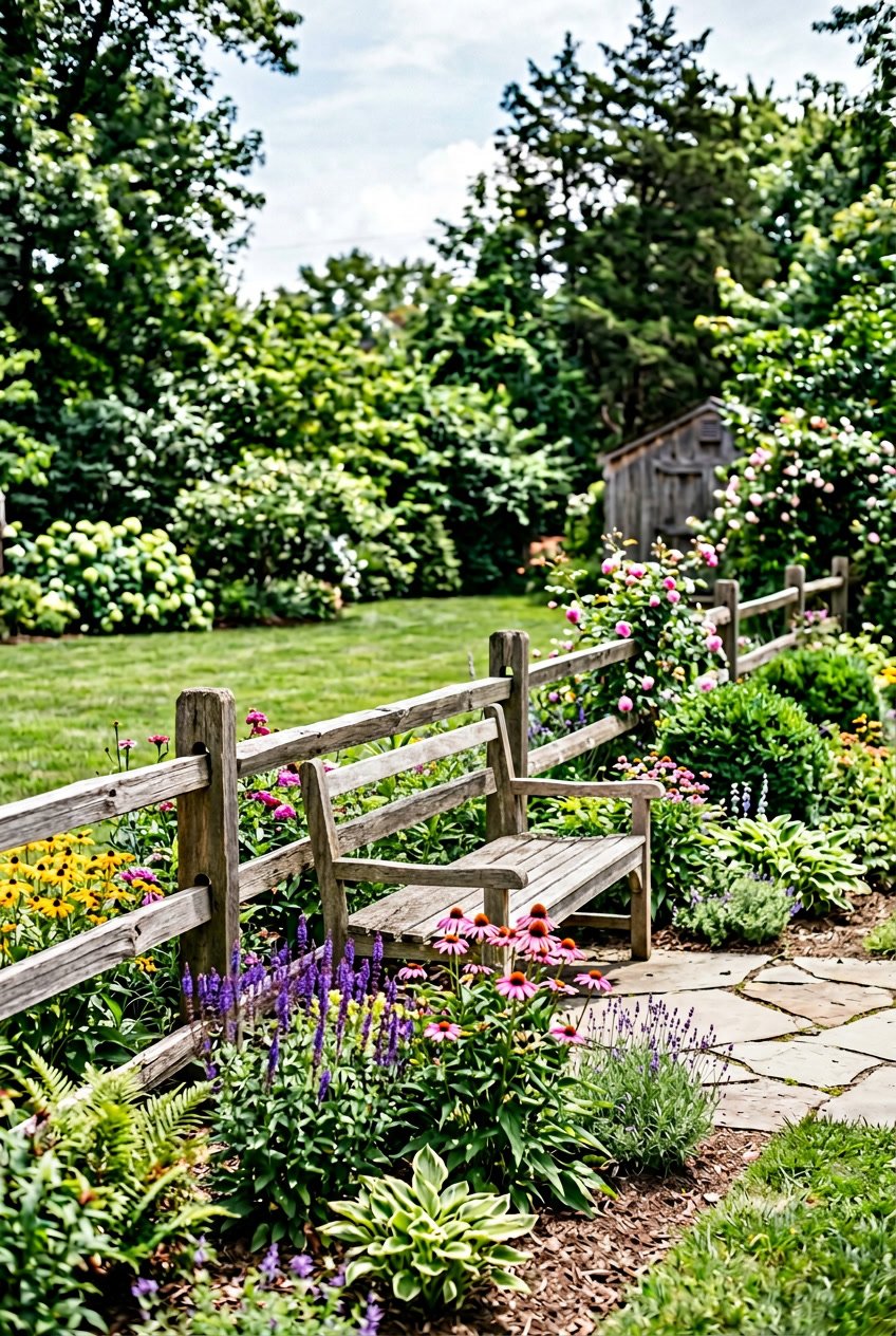 Backyard with a wooden split rail fence and a built-in garden bench surrounded by plants and flowers.